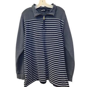 Lands' End Quarter Zip Cotton Blend Pullover Womens 1X Navy Blue Stripes